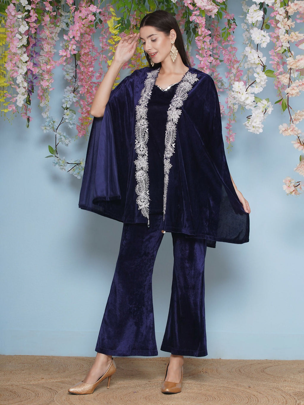 Joban Fashion Navy Blue Velvet Cape Set