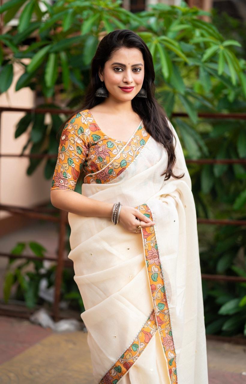 Yellow Pure Linen Saree with Aari Mirror Work and Jute Blouse