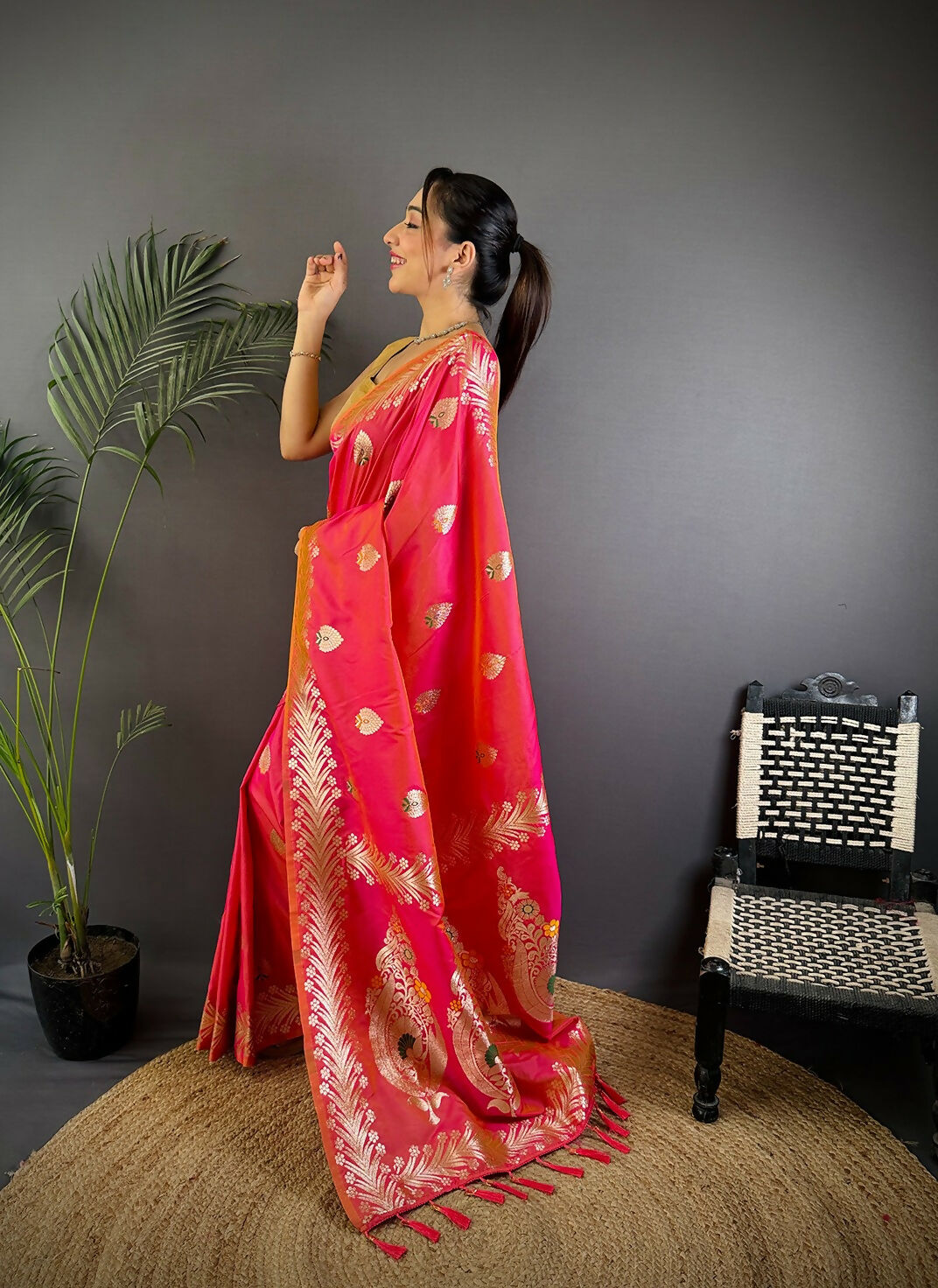 Pink Banarasi Woven Soft Silk Saree with Matching Blouse Piece