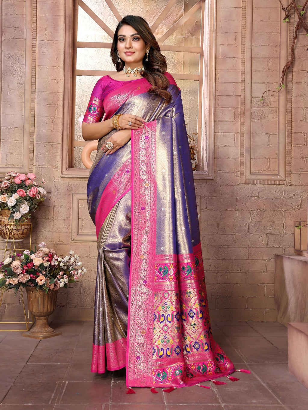 Purple Banarasi Tissue Silk saree with detailed gold weaving