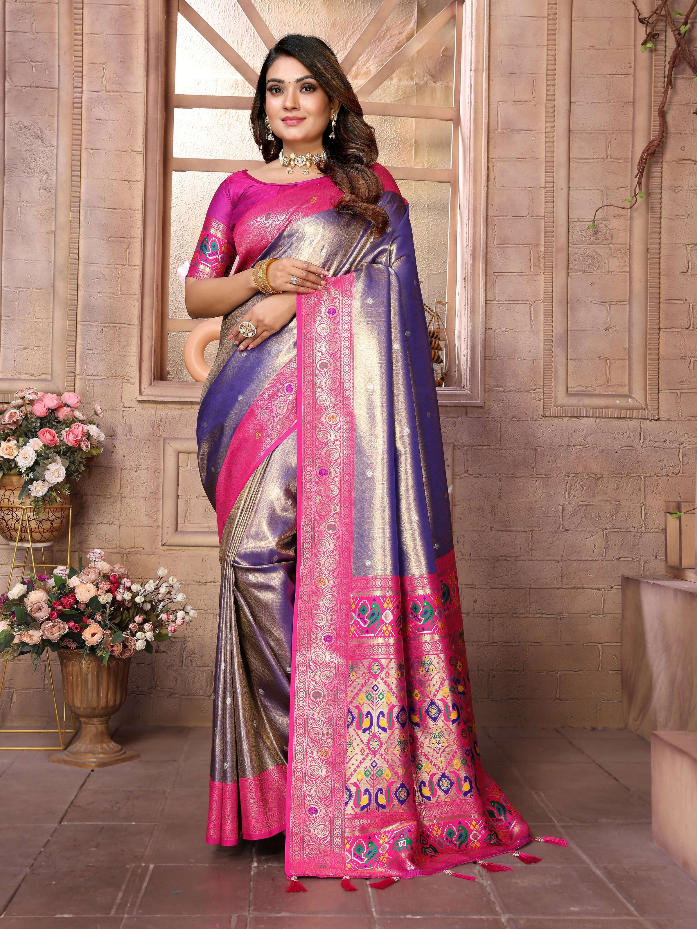 Purple Banarasi Tissue Silk saree with detailed gold weaving