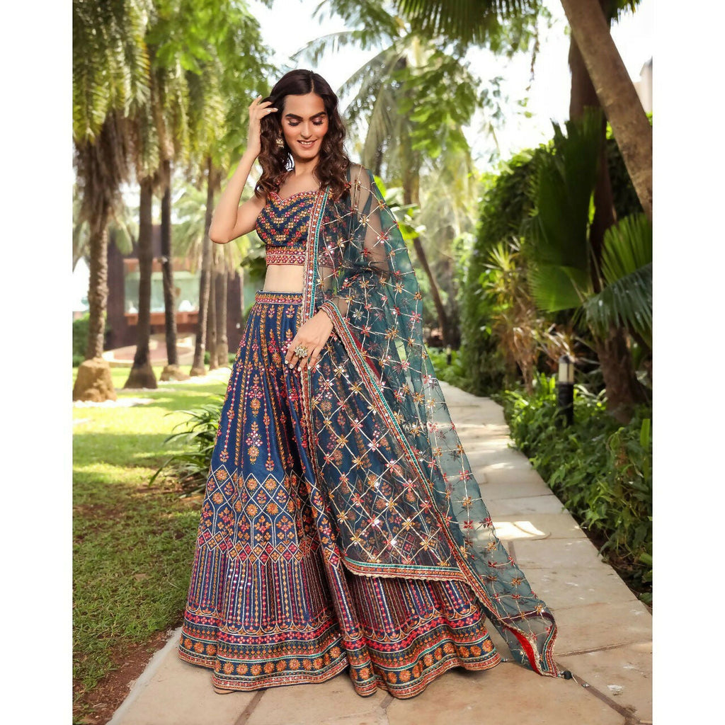 Blue Chinon Lehenga Choli with 3MM & 9MM Sequins Embroidery