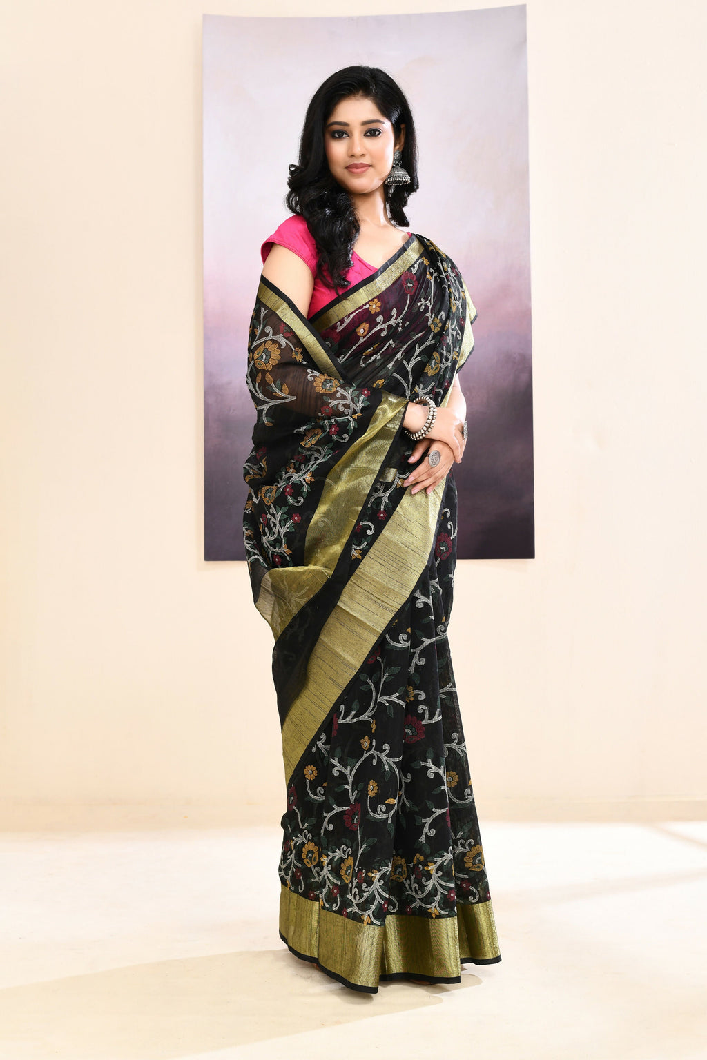 Black Embellished Cotton Blend Printed Saree