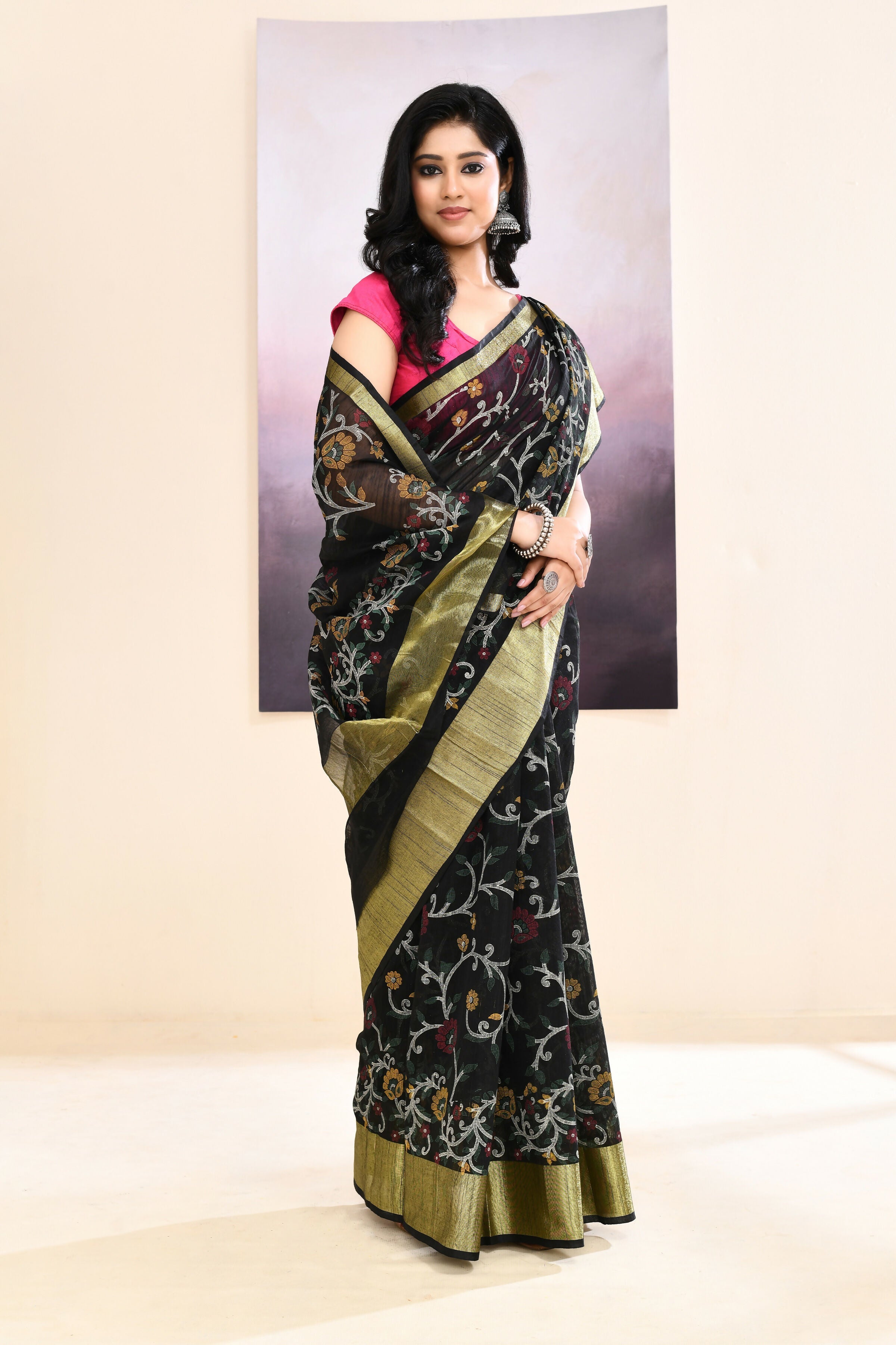 Black Embellished Cotton Blend Printed Saree