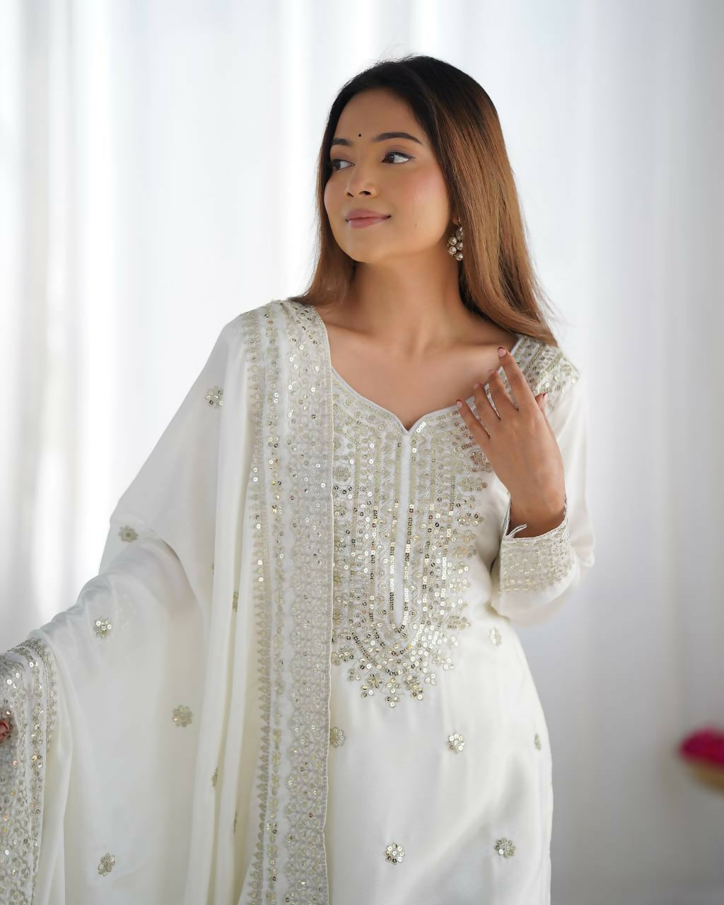White Silk Kurta Set with Zari, Sequins & Thread Embroidery