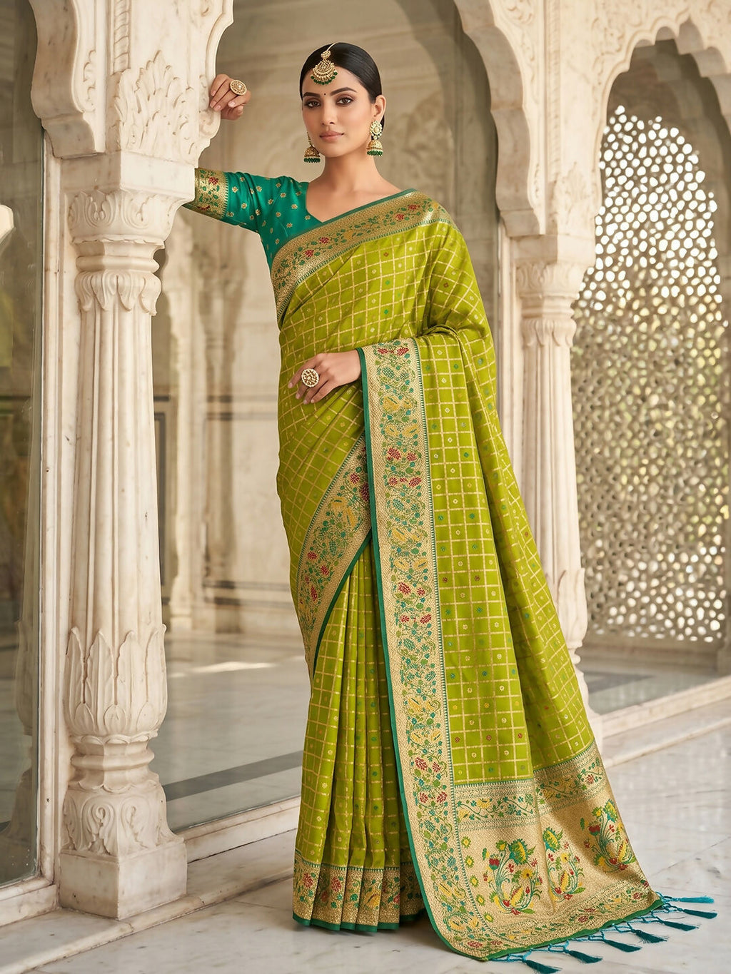 Green Banarasi Silk Blend Traditional Saree with Matching Blouse