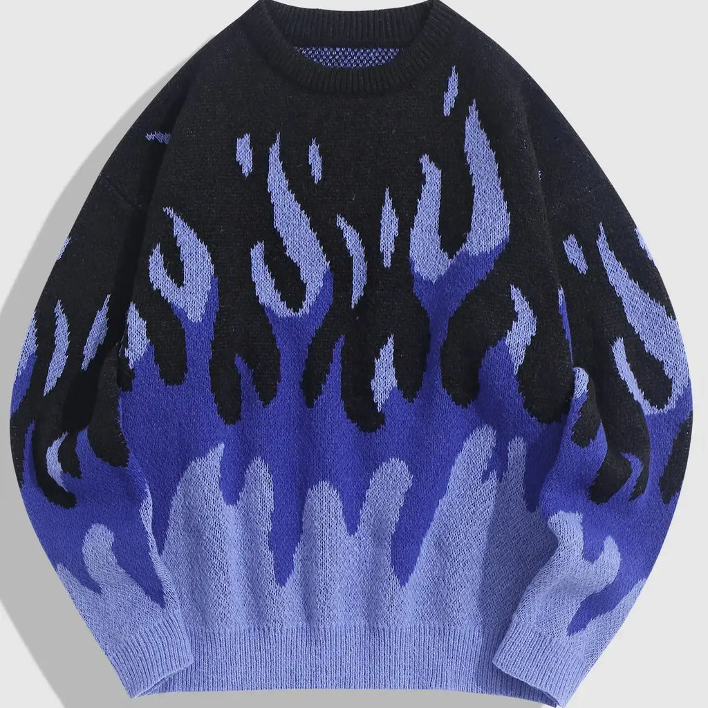 Unisex Flame Pattern Round Neck Long Sleeve Pullover Sweater - Image 4