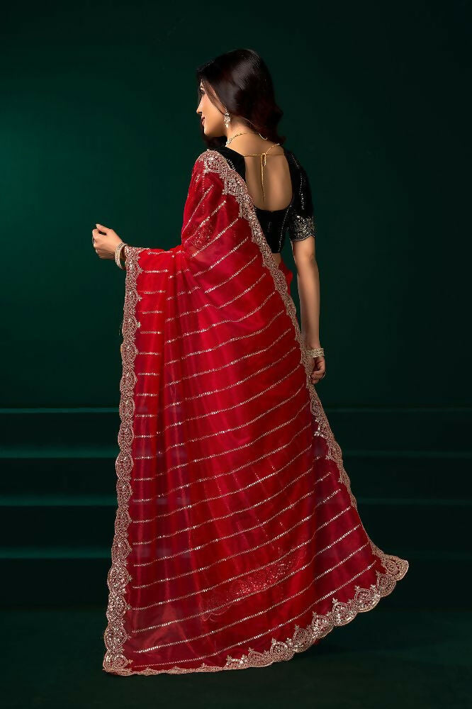 Red Net Party Wear Saree with Black Velvet Blouse