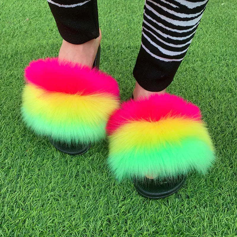 Women's Multicolored Faux Fur Flat Slippers Cozy Open Toe Slides - Image 35