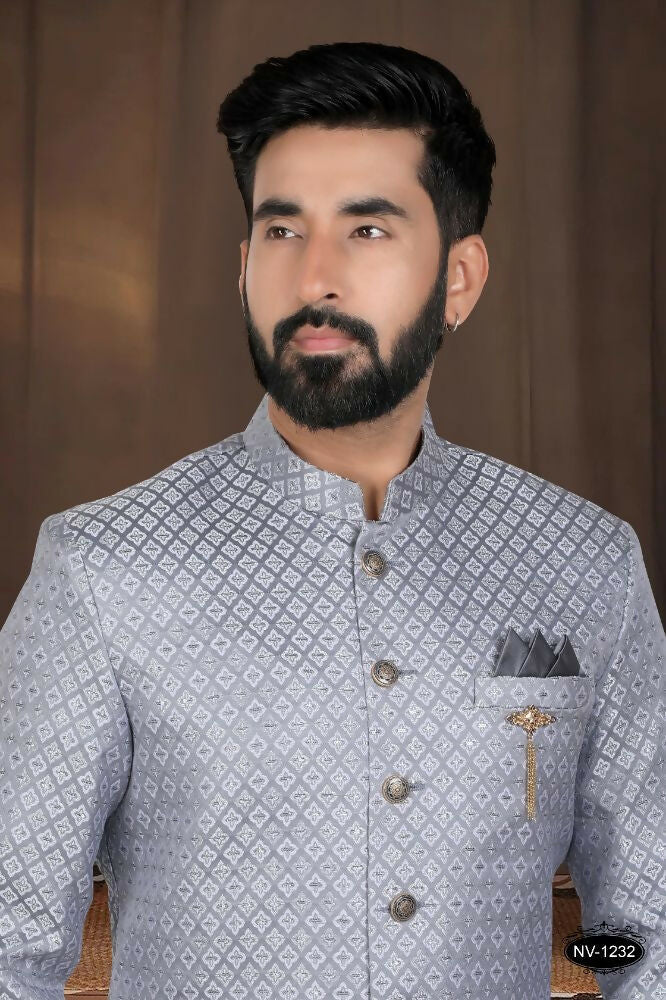 Boys Grey Woven Jacquard Kurta with White Pyjama Set
