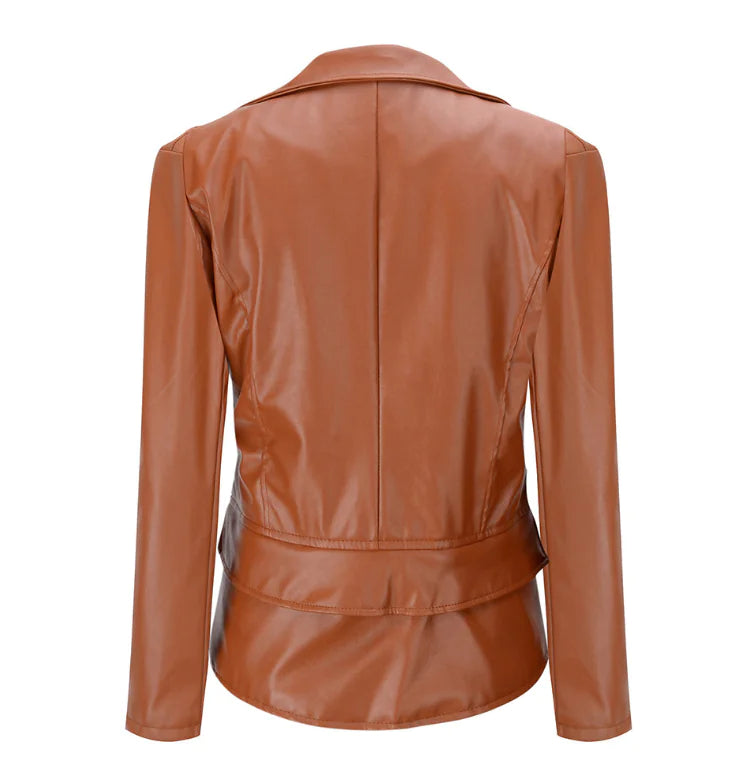 Women's Fitted Faux Leather Motorcycle Jacket with Zip Details - Image 19
