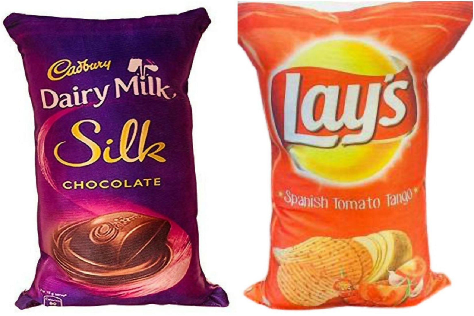 Set of two reversible kids' cushions featuring Dairy Milk and Red Lays snack designs.