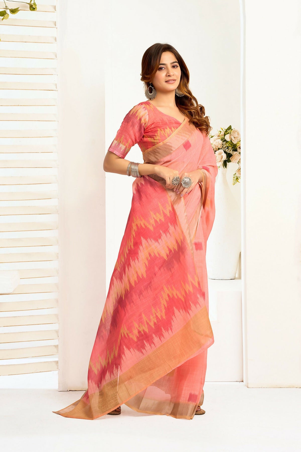 Peach Ikkat Print Linen Ready To Wear Saree with Blouse Piece