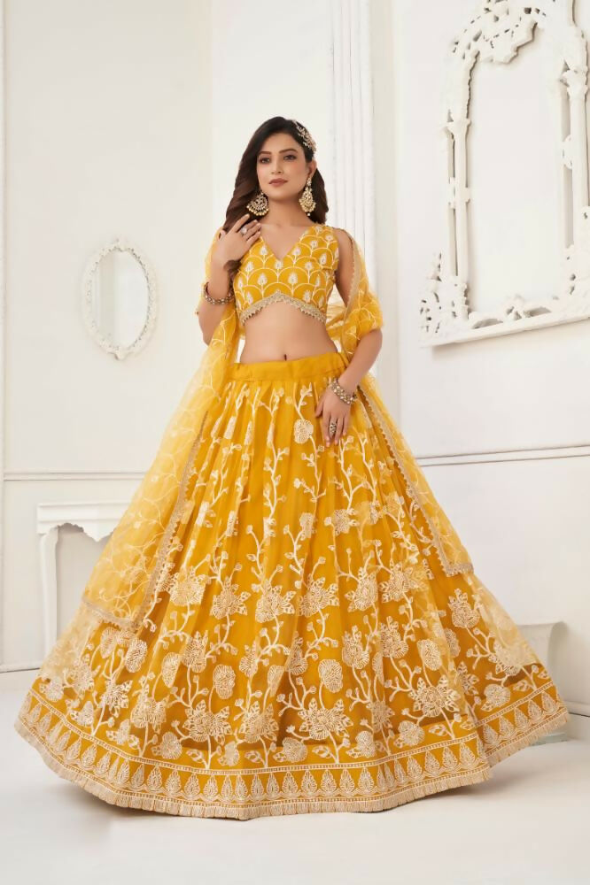 Mustard Yellow Butterfly Net Lehenga Choli with Thread Embroidery