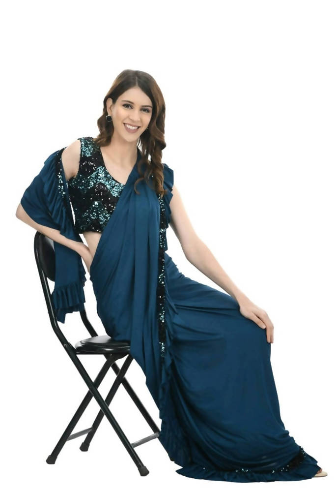 Peacock Blue and Black Ruffled Ready-to-Wear Saree with Blouse