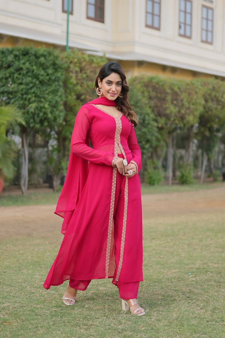 Jyoti Fashion Women's Pink Faux Blooming Embroidered Kurta with Trouser & Dupatta