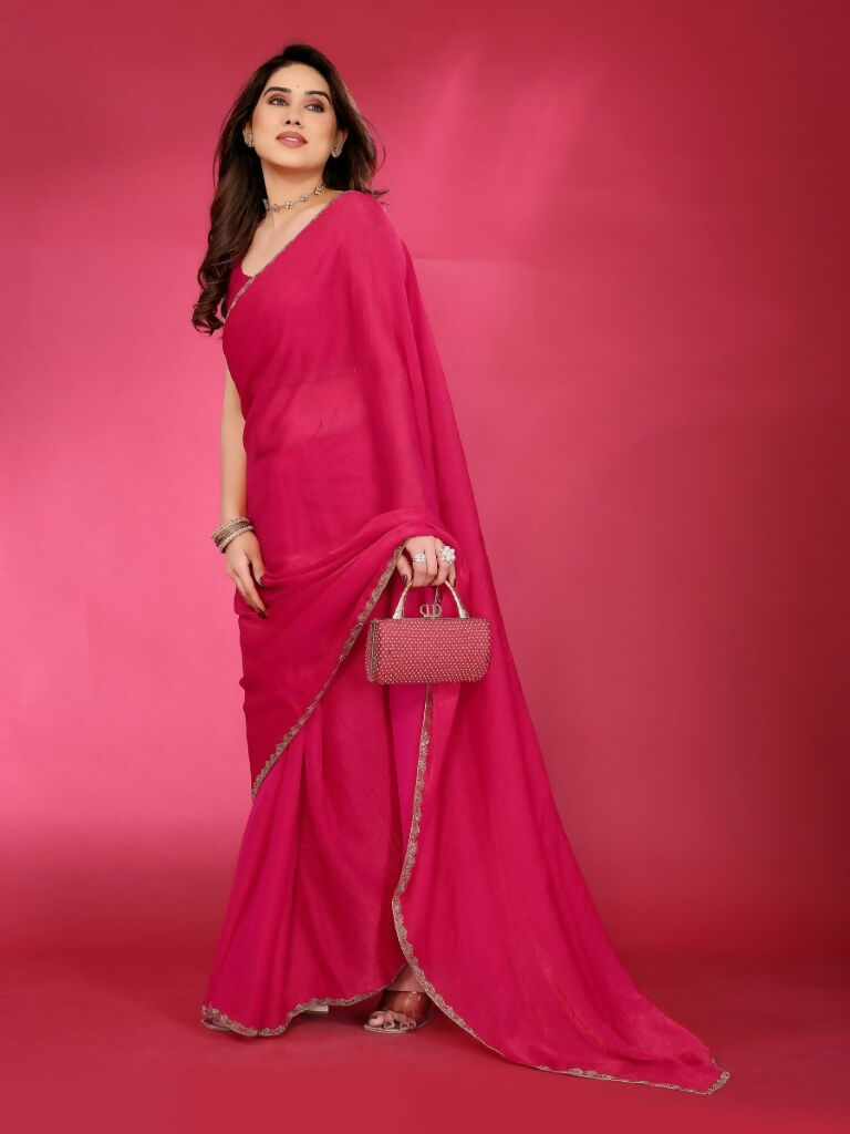 Pink Jimmy Choo Fabric Saree with Elegant Work Lace Border