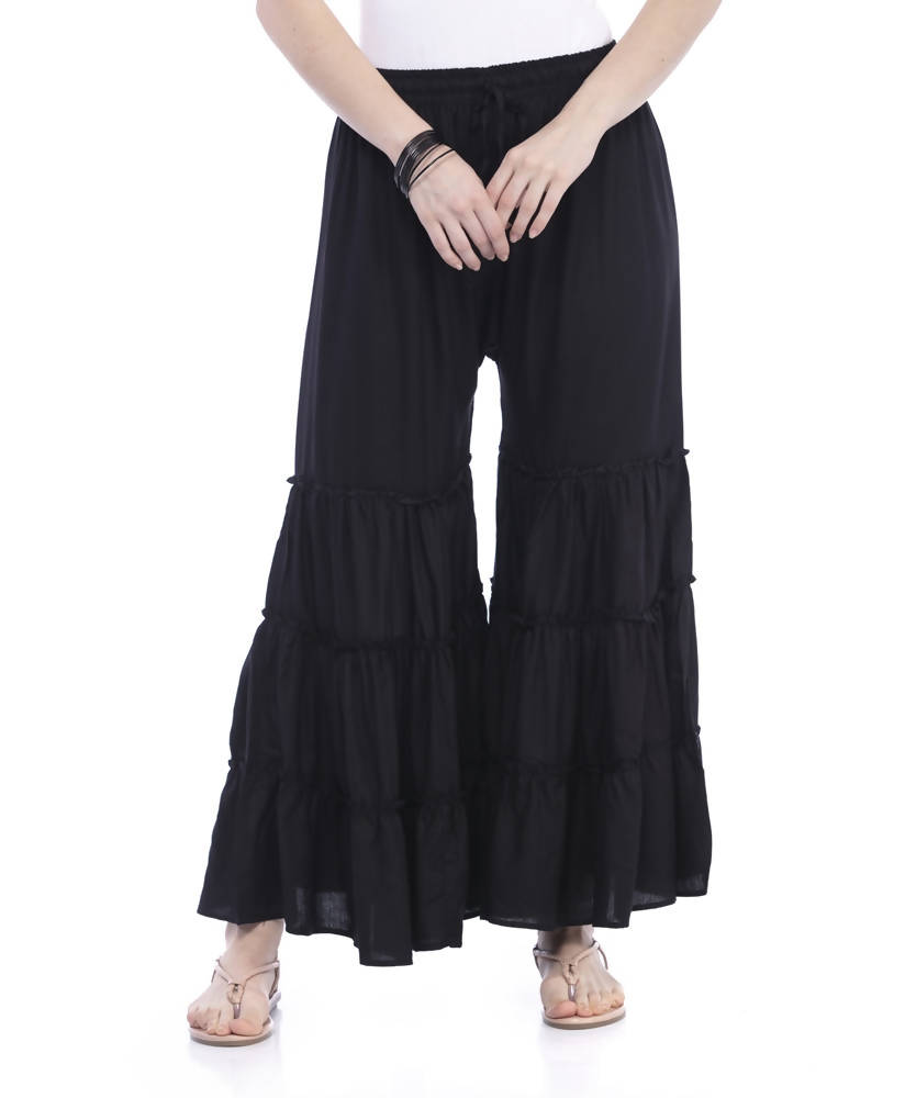 Classic black wide-leg palazzo pants in a breathable rayon cotton fabric.