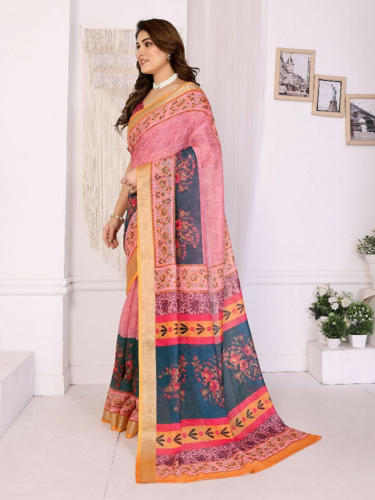 Orange Handloom Linen Cotton Zari Saree with Border