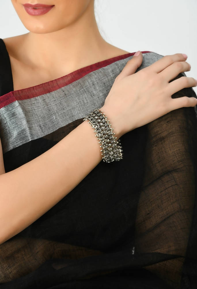 Handcrafted Oxidised Silver-Plated Kamal Johar Design Bracelet