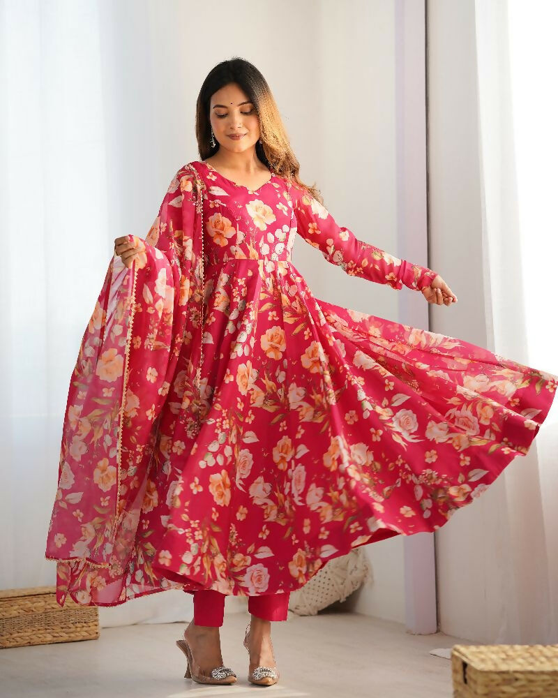 Pink Organza Kurta Set with Sequin Embroidery and Cotton Bottoms