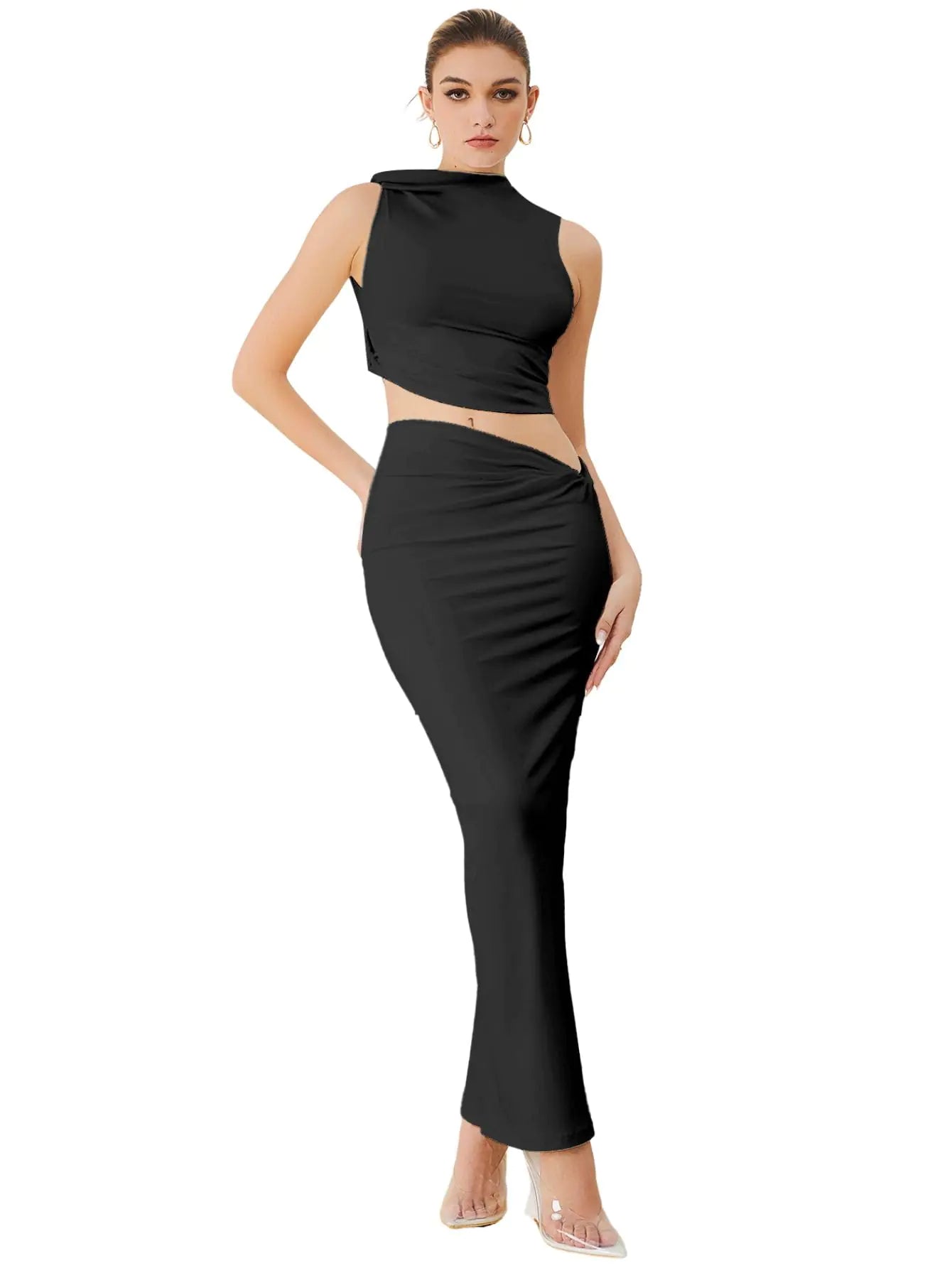 Verdusa Womens Two Piece Sets Mock Neck Sleeveless Going Out Tops and Maxi Skirt Set Going Out Outfits Black Medium