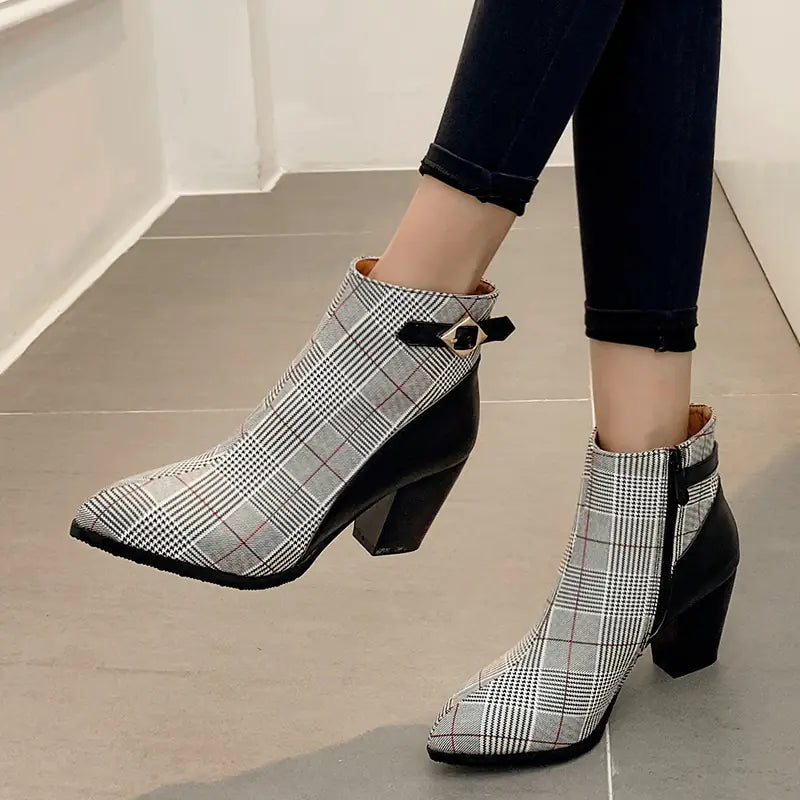 Women's Plaid Print Ankle Boots with Chunky Heel and Buckle - Image 8