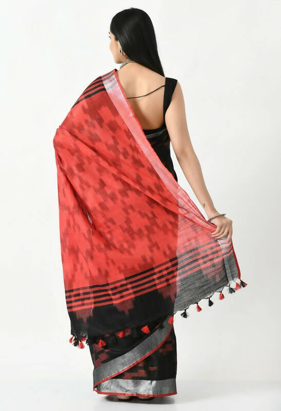 Black and Red Bhagalpuri Handloom Ikat Pure Cotton Saree