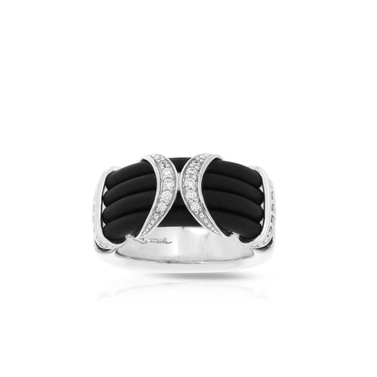 Xena Ring featuring black Italian rubber strands with rhodium-plated sterling silver and pave-set stones