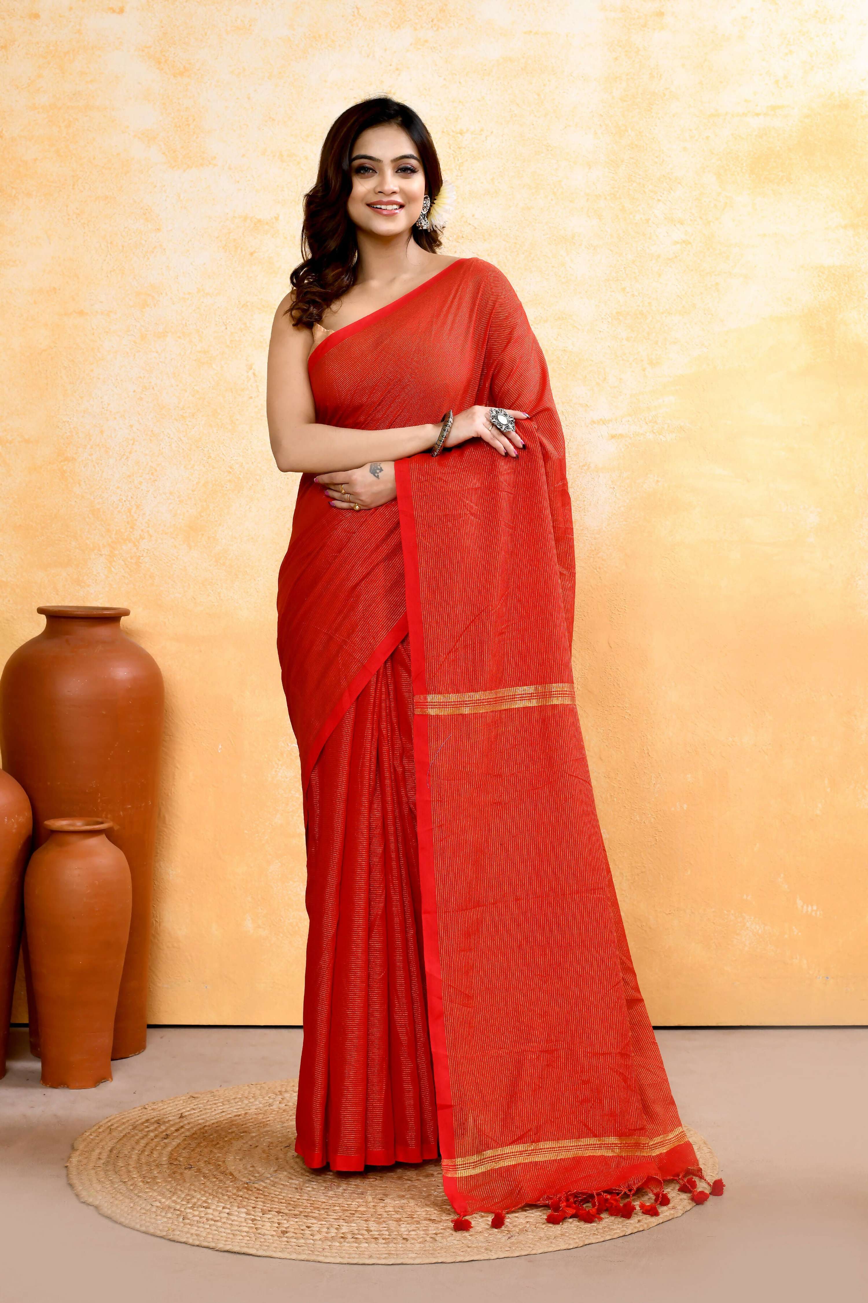 Piyari Fashion red cotton blend handloom saree with zari check embellishments