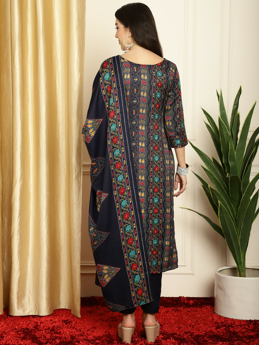 Jyoti Fashion Women's Navy Blue Pashmina Floral Digital Printed Kurta with Trouser & Dupatta