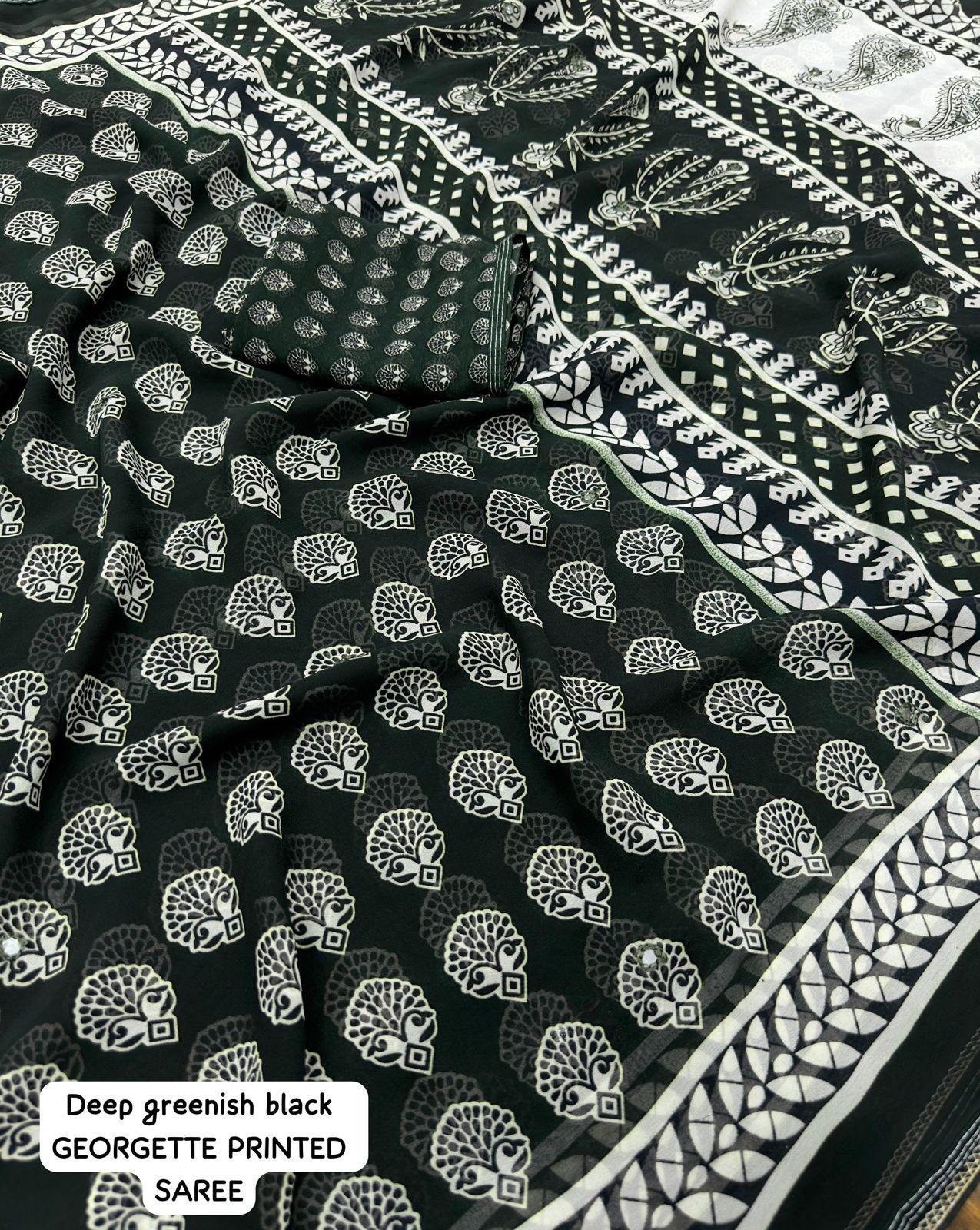 Black Poly Georgette Ajrak Saree with Mirror Work and Piping