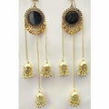 Gold-plated long jhumka earrings with mirror embellishments.