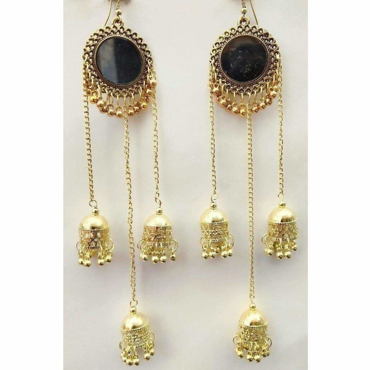 Gold-plated long jhumka earrings with mirror embellishments.