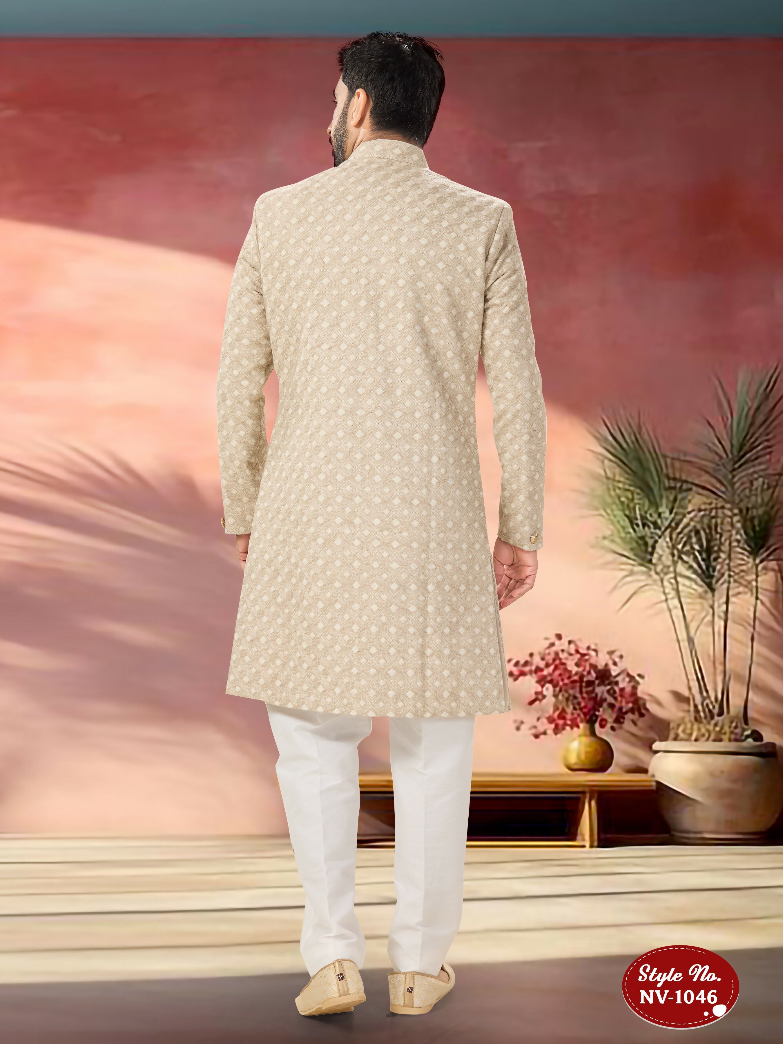 Men's Beige Swed Velvet Kurta Set with Thread & Sequence Detail
