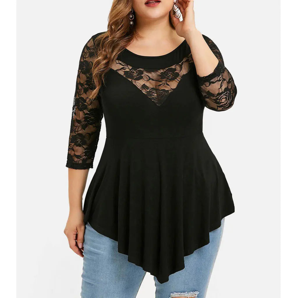 Spring Plus Size Floral Lace Top with Sheer Hem