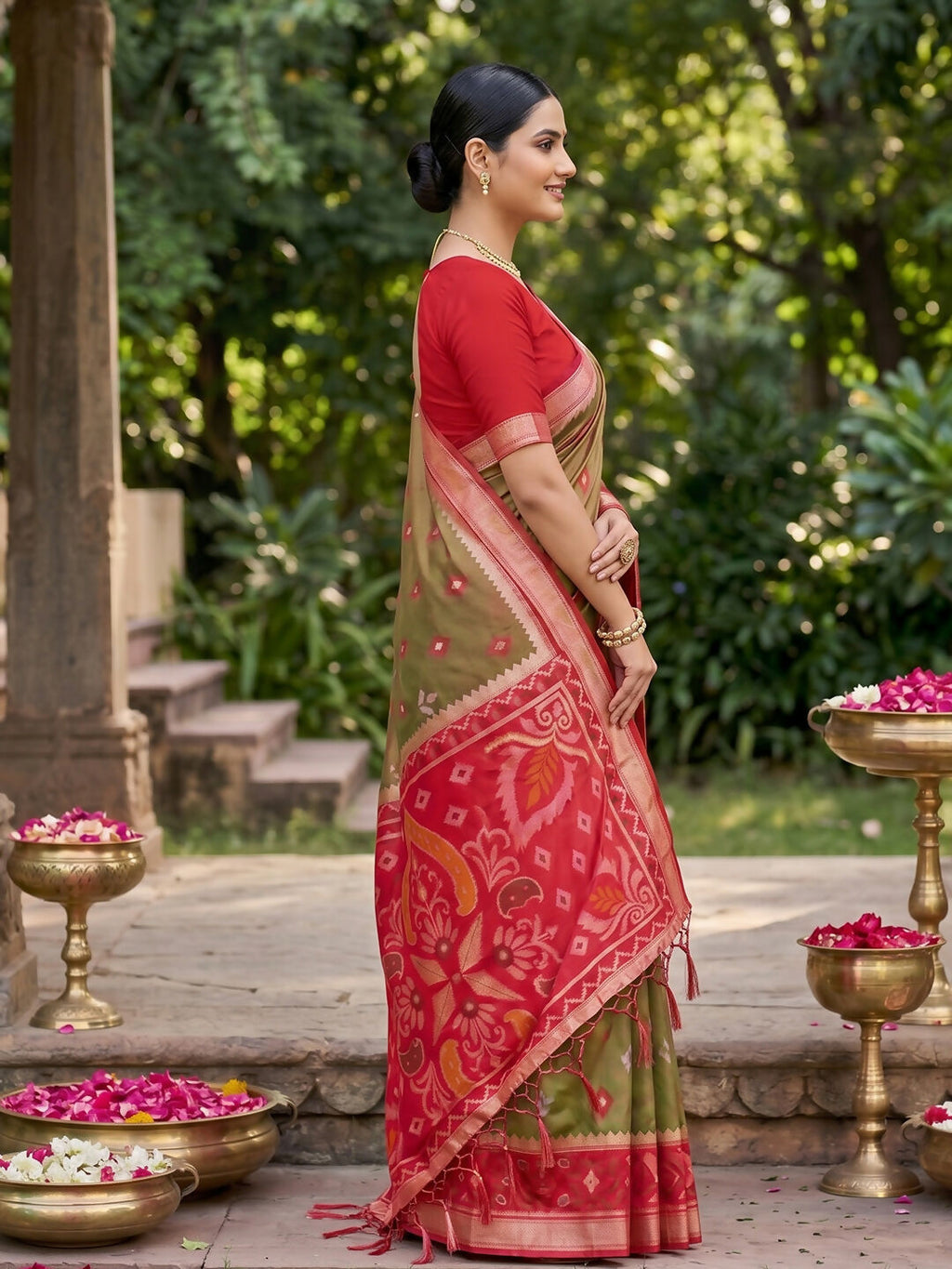 Mehndi Soft Silk Saree with Matching Soft Silk Blouse