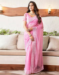 Pink and white organza saree with an elegant embroidery border