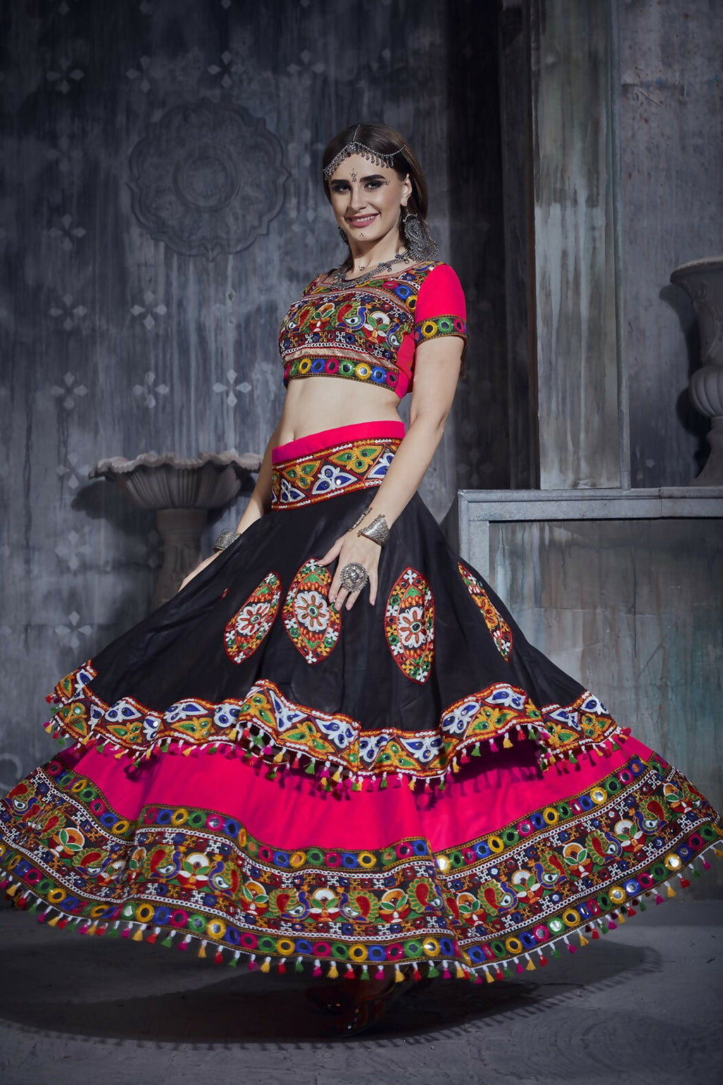 Black-Pink Art Silk Designer Navratri Lehenga Choli Set