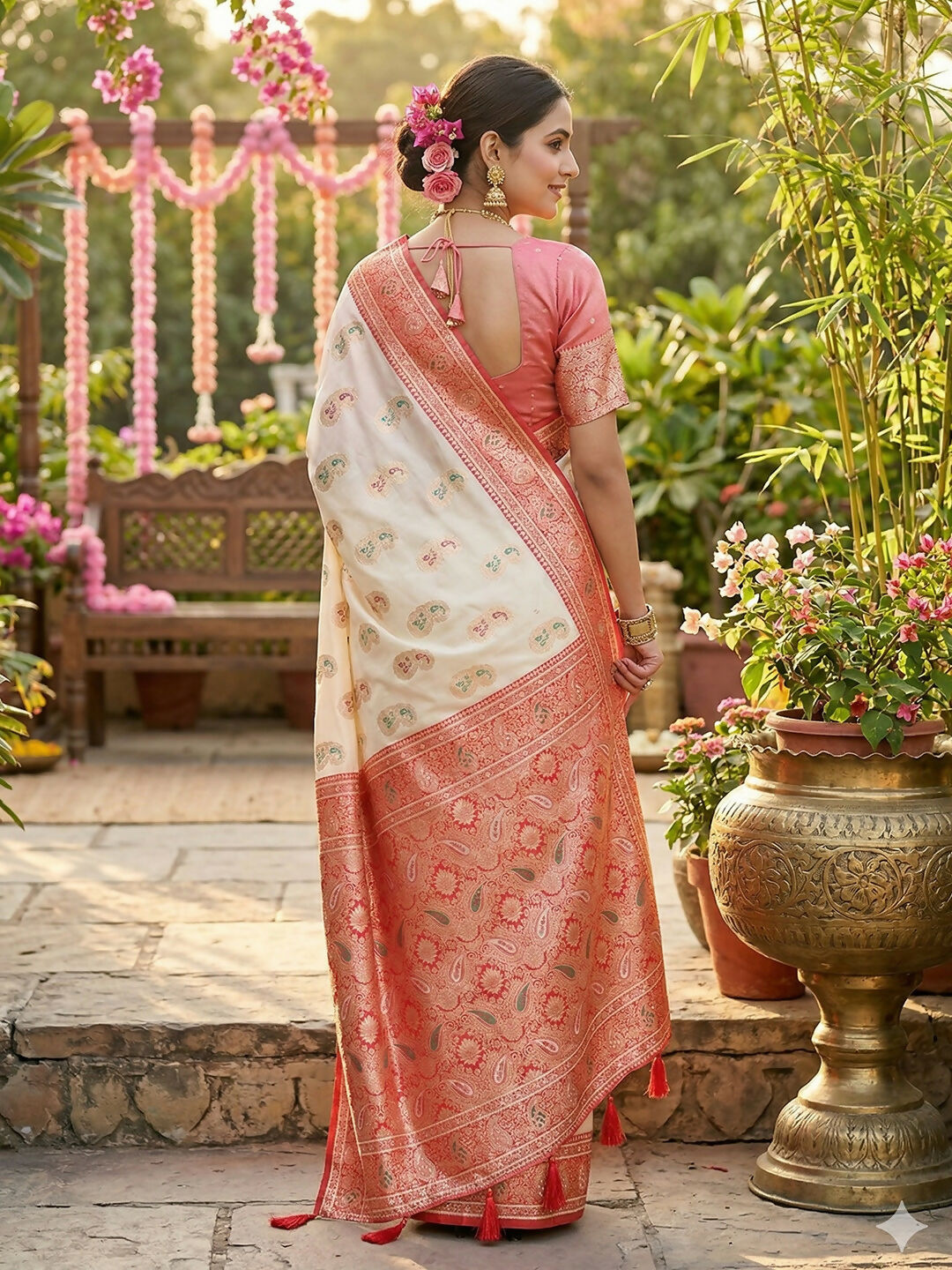 White Silk Blend Saree with Matching Blouse Piece