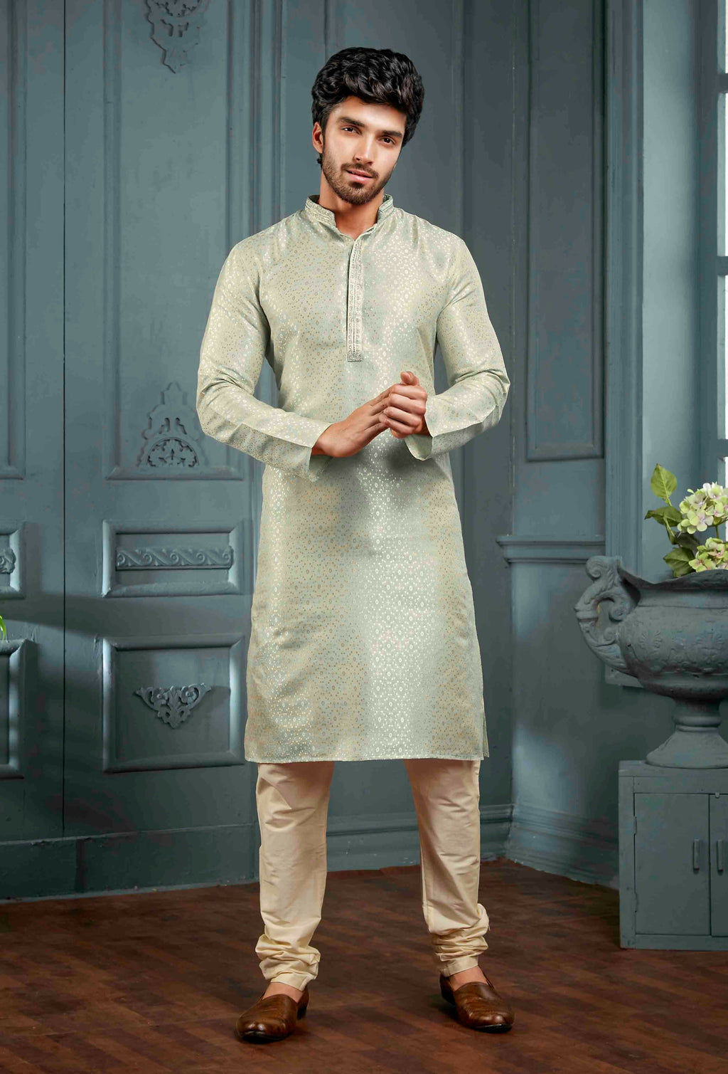 Boys grey poly jacquard kurta pajama set with long sleeves and traditional styling.