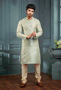 Boys grey poly jacquard kurta pajama set with long sleeves and traditional styling.