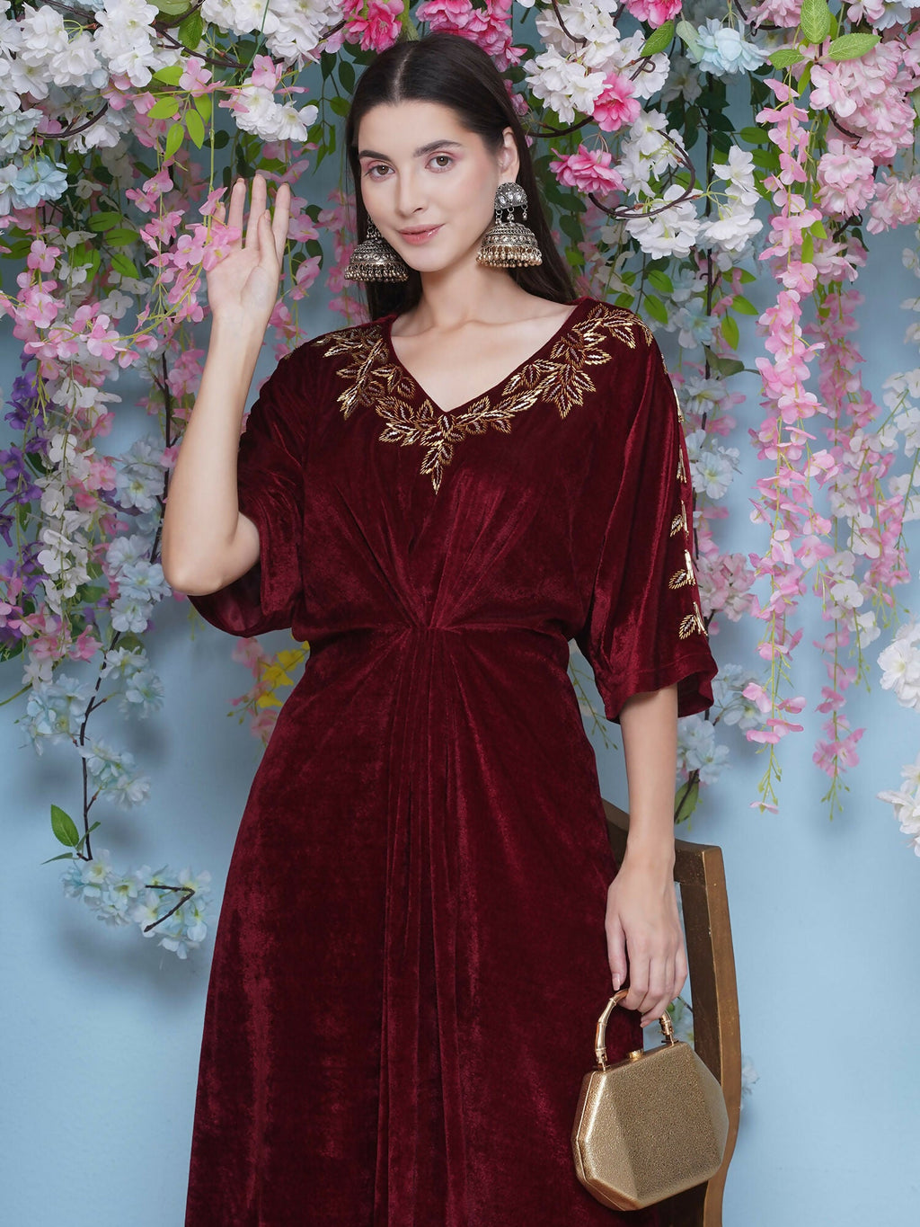 Maroon Velvet Hand Embellished Coord Set - 2 Piece Luxury Outfit