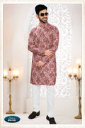 A stylish pinkish red rayon kurta for men with intricate all-over thread embroidery.