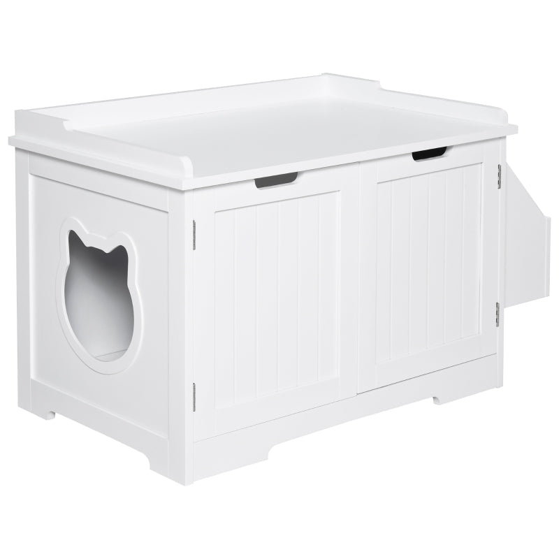 White wooden cat litter box enclosure designed as a nightstand with side storage and cat-shaped side opening.