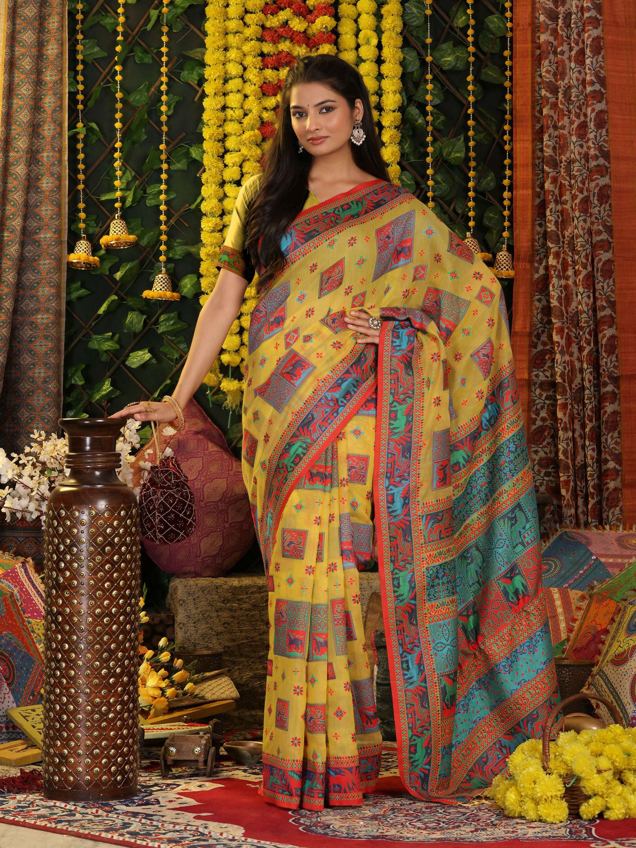 Yellow Linen Cotton Saree with Matching Blouse Piece