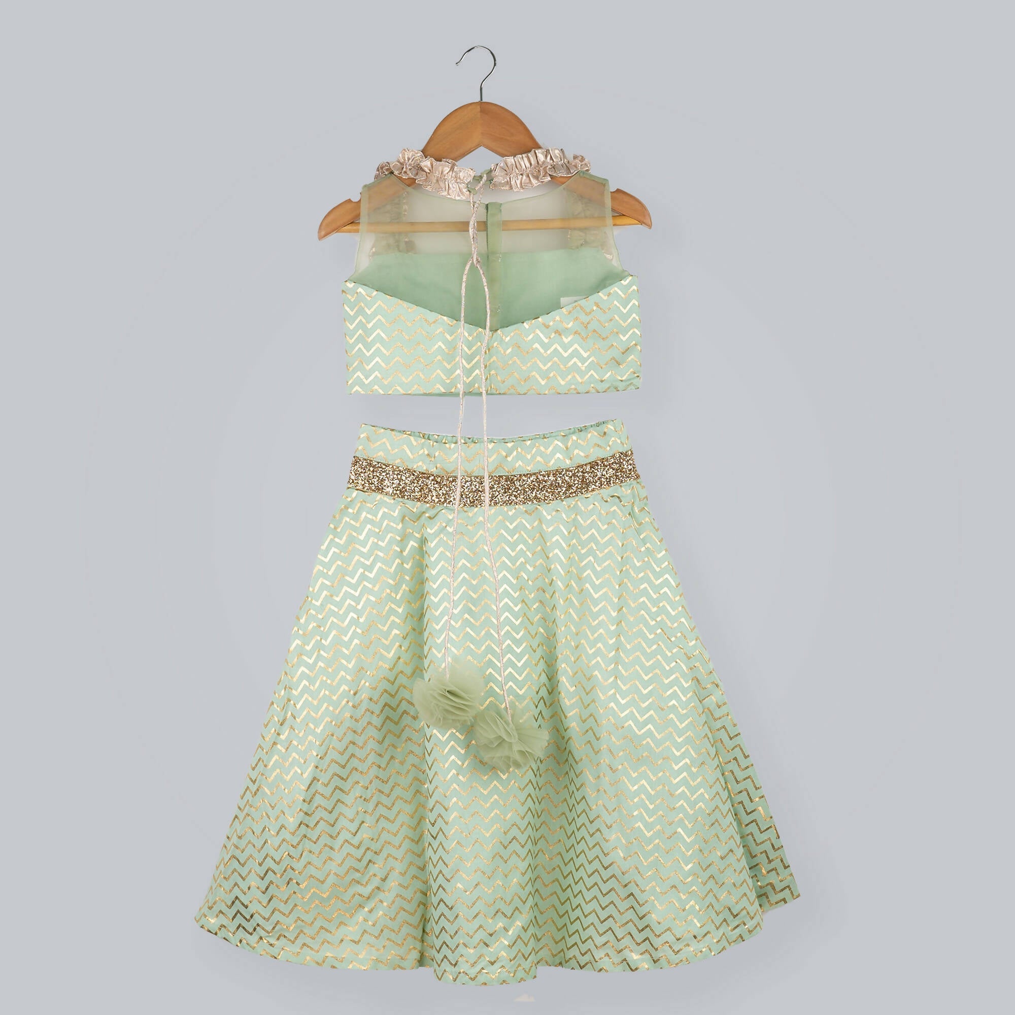 Girls Zig-Zag Printed Ghagra Choli with Gold Lame Frill Details