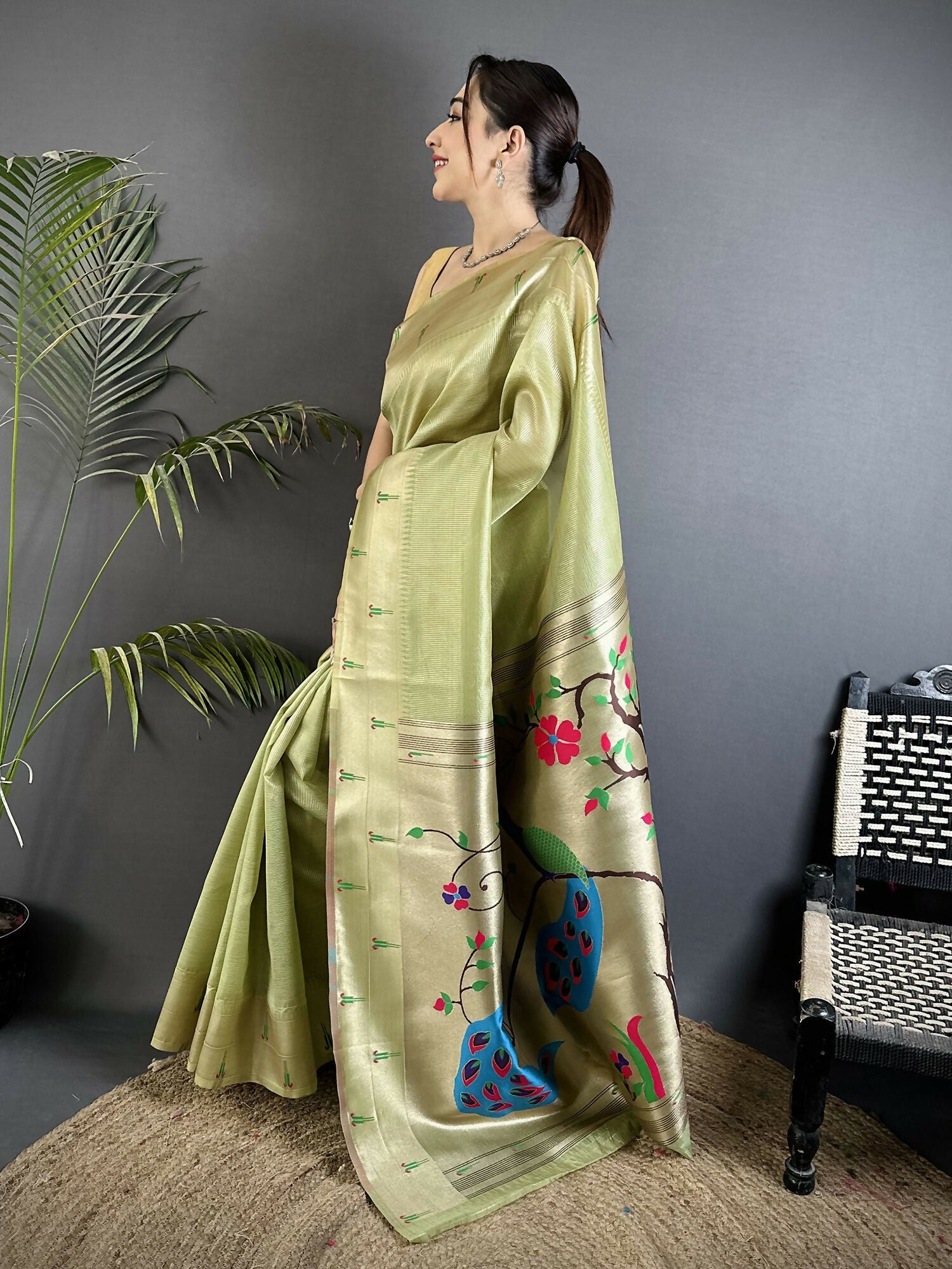 Pista Green Peacock & Floral Motif Tissue Paithani Saree Set
