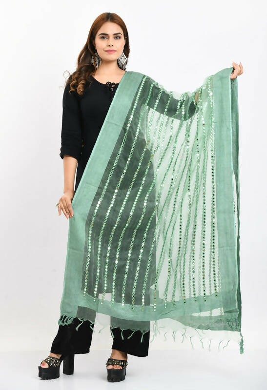Pista green organza dupatta with elegant mirror stripe thread work.