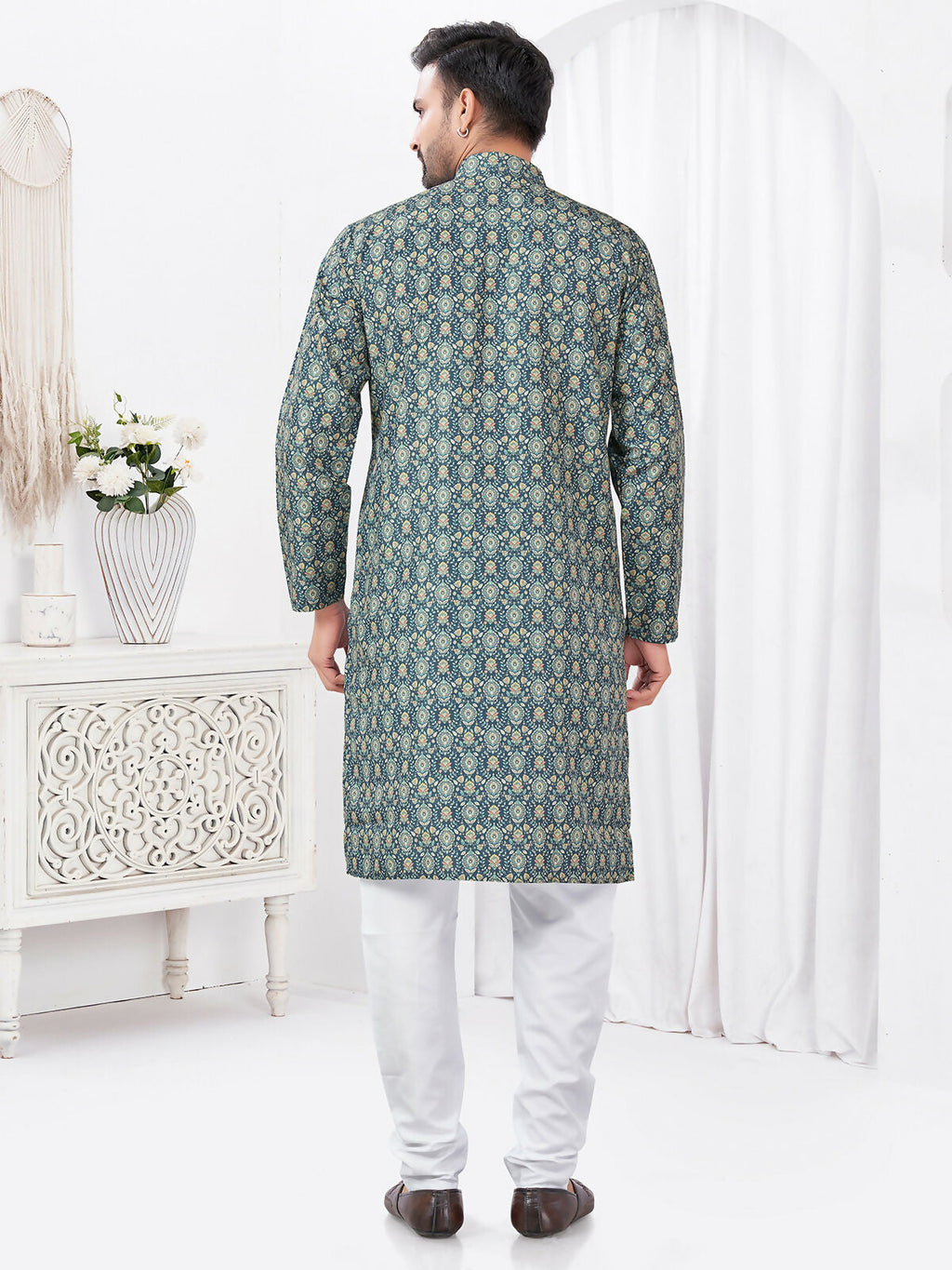 Boys Blue Printed Rayon Cotton Kurta Pyjama Ethnic Set